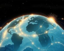 Global data flows and data sovereignty laws conflict illustrated in a symbolic landscape.