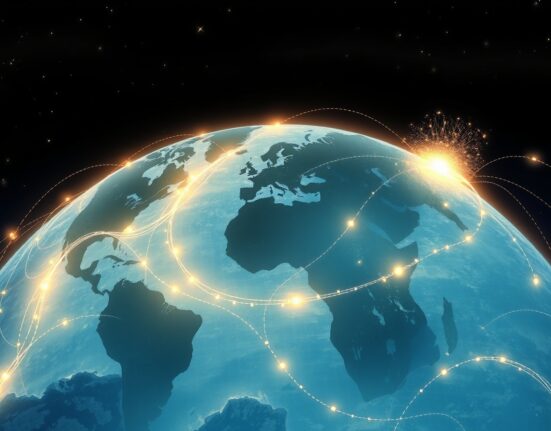 Global data flows and data sovereignty laws conflict illustrated in a symbolic landscape.