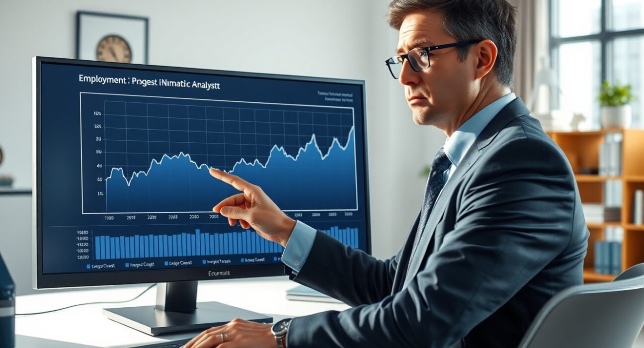Financial analyst from Standard Chartered examining US payroll data charts for economic insights