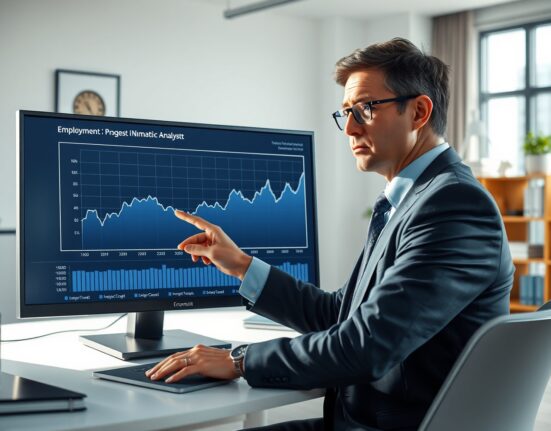 Financial analyst from Standard Chartered examining US payroll data charts for economic insights