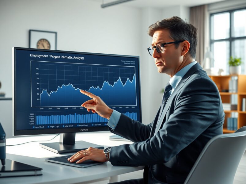 Financial analyst from Standard Chartered examining US payroll data charts for economic insights