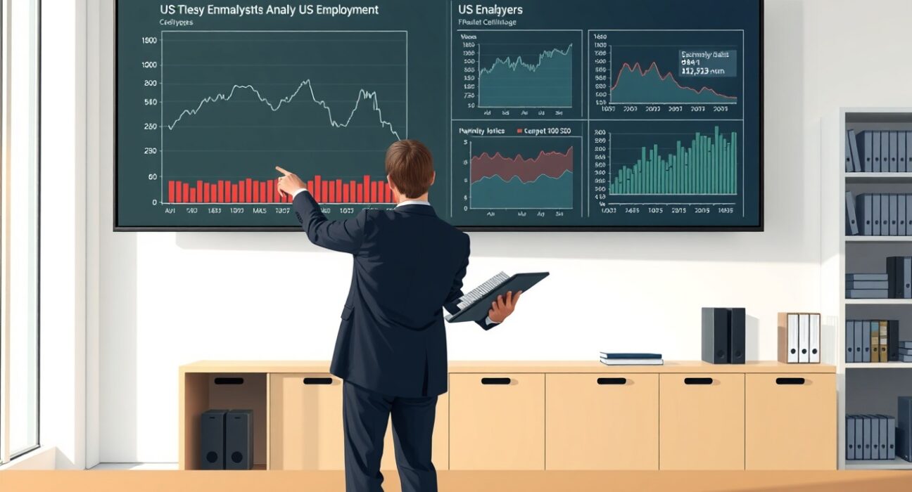 Economic analyst reviewing US payroll and labor participation data charts showing concerning