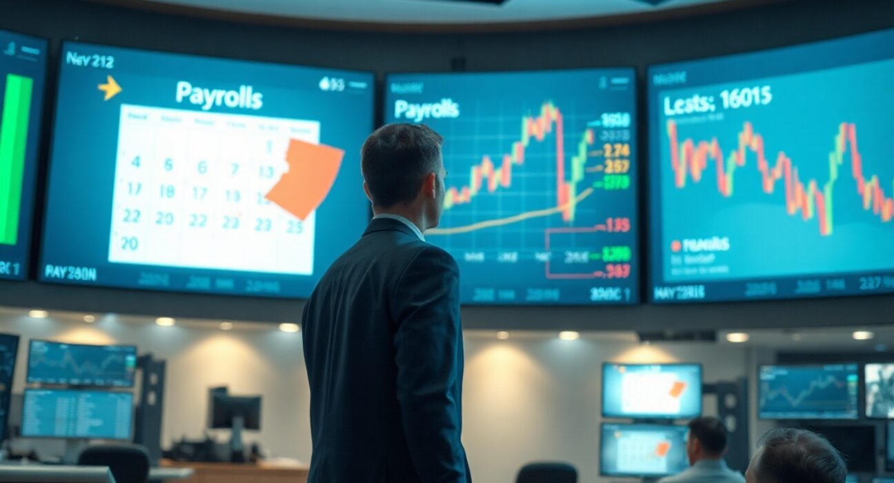Financial analyst monitoring stock charts and economic calendar ahead of US payrolls report