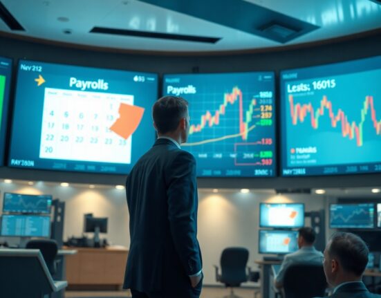 Financial analyst monitoring stock charts and economic calendar ahead of US payrolls report