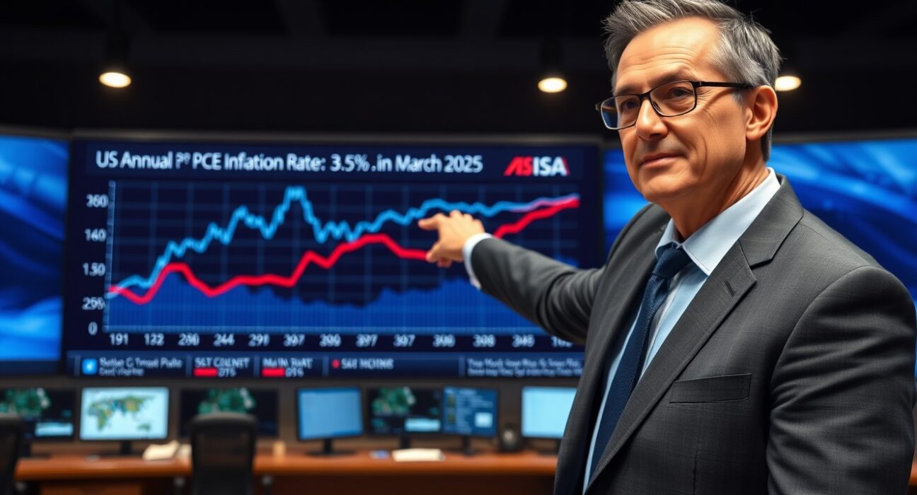Financial analyst pointing at a digital screen showing the US annual PCE inflation rate rising to 3.5% in March 2025