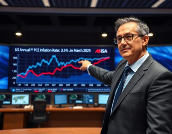 Financial analyst pointing at a digital screen showing the US annual PCE inflation rate rising to 3.5% in March 2025