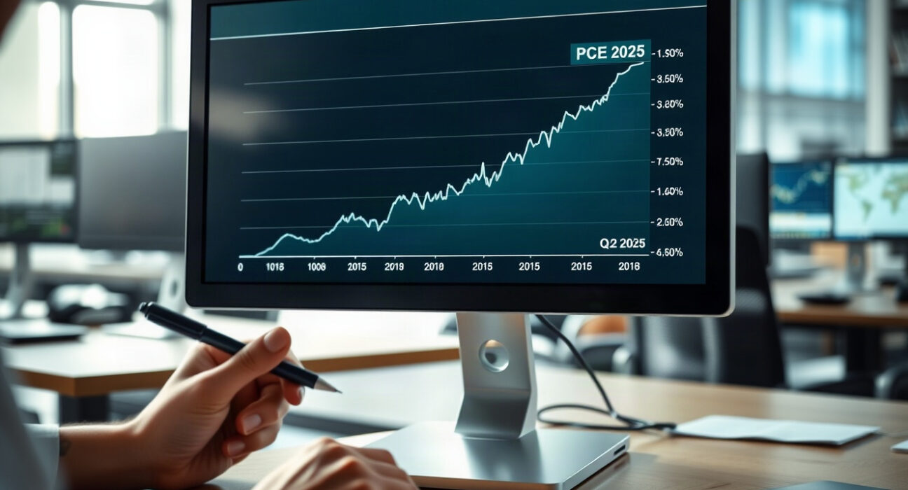 Analyst reviewing PCE inflation chart on monitor in financial office