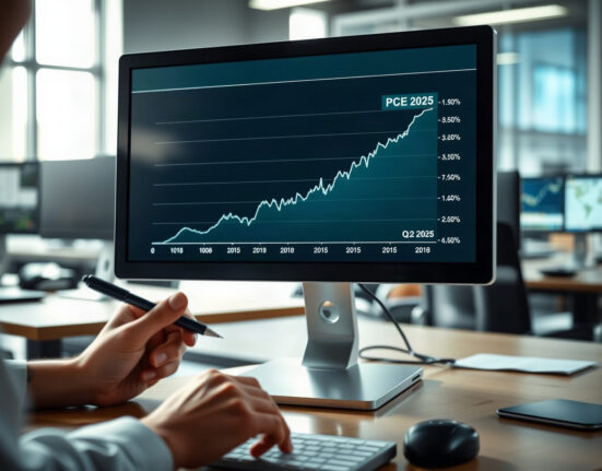 Analyst reviewing PCE inflation chart on monitor in financial office