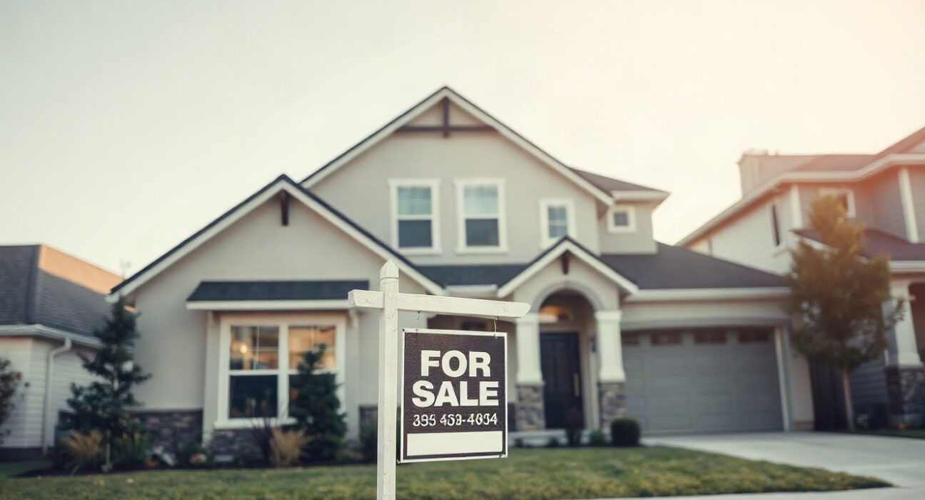 For sale sign in front of a house, representing the US housing market slowdown in July.