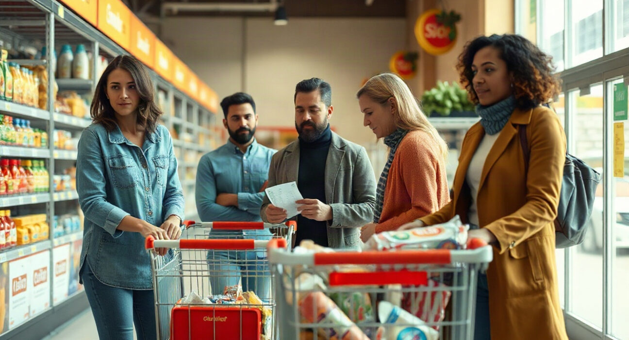 Shoppers in a grocery store, one holding a receipt, reflecting on spending after US personal income data release.