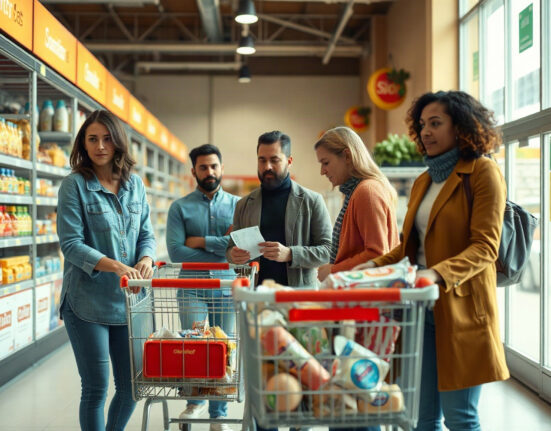 Shoppers in a grocery store, one holding a receipt, reflecting on spending after US personal income data release.