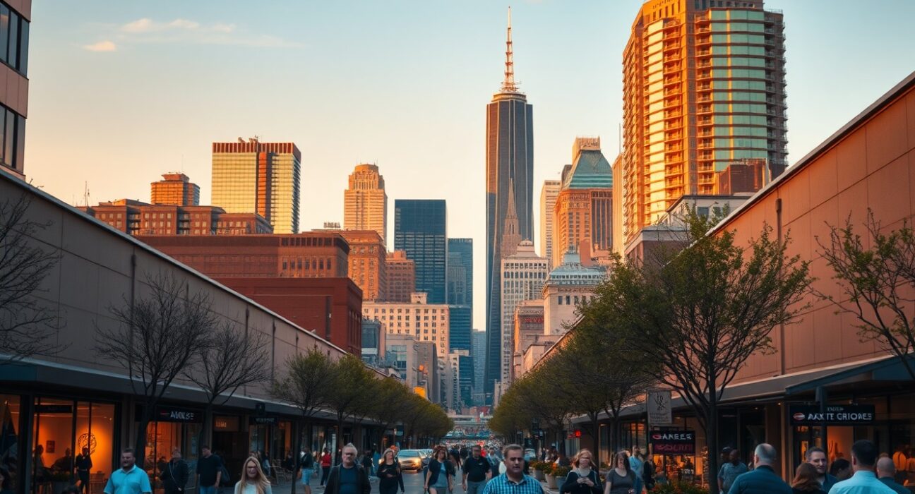 US city skyline at dusk with busy street scene indicating economic activity