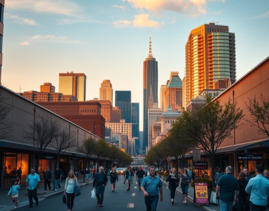 US city skyline at dusk with busy street scene indicating economic activity