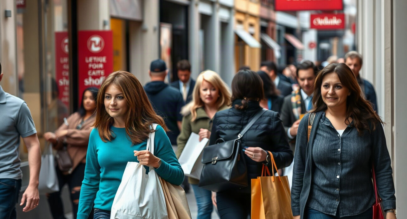 Shoppers on a busy street in the US, representing consumer spending in July.