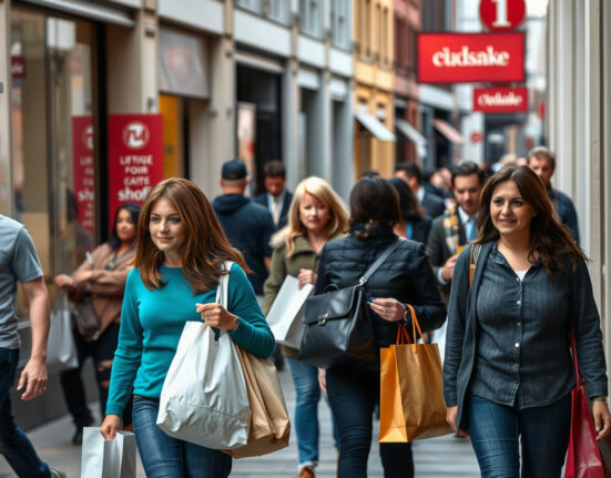 Shoppers on a busy street in the US, representing consumer spending in July.