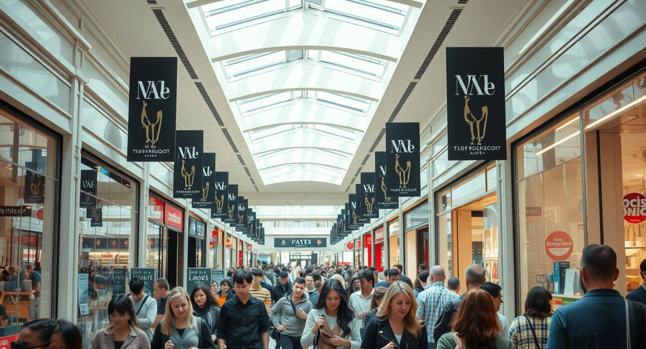 Busy shopping mall with consumers carrying bags, reflecting increased US personal spending in May.