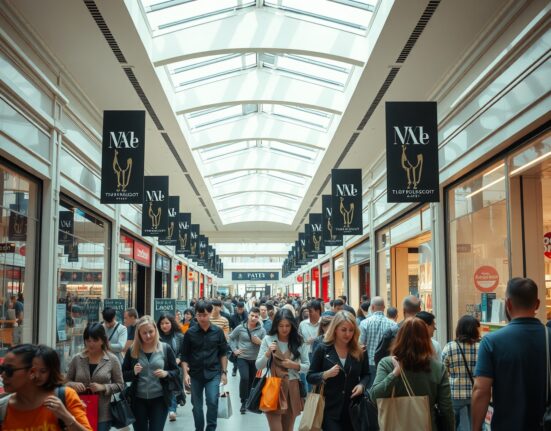 Busy shopping mall with consumers carrying bags, reflecting increased US personal spending in May.