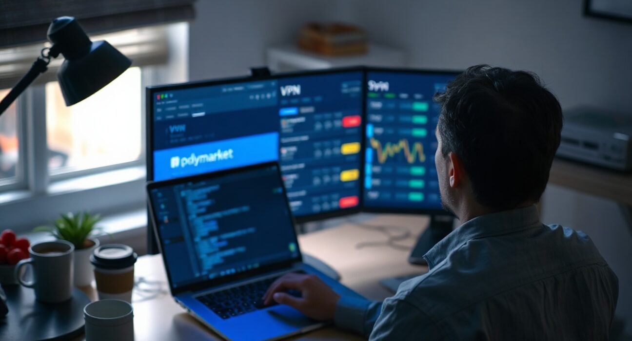 Person using laptop with VPN and Polymarket-like prediction market interface in home office