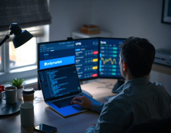 Person using laptop with VPN and Polymarket-like prediction market interface in home office
