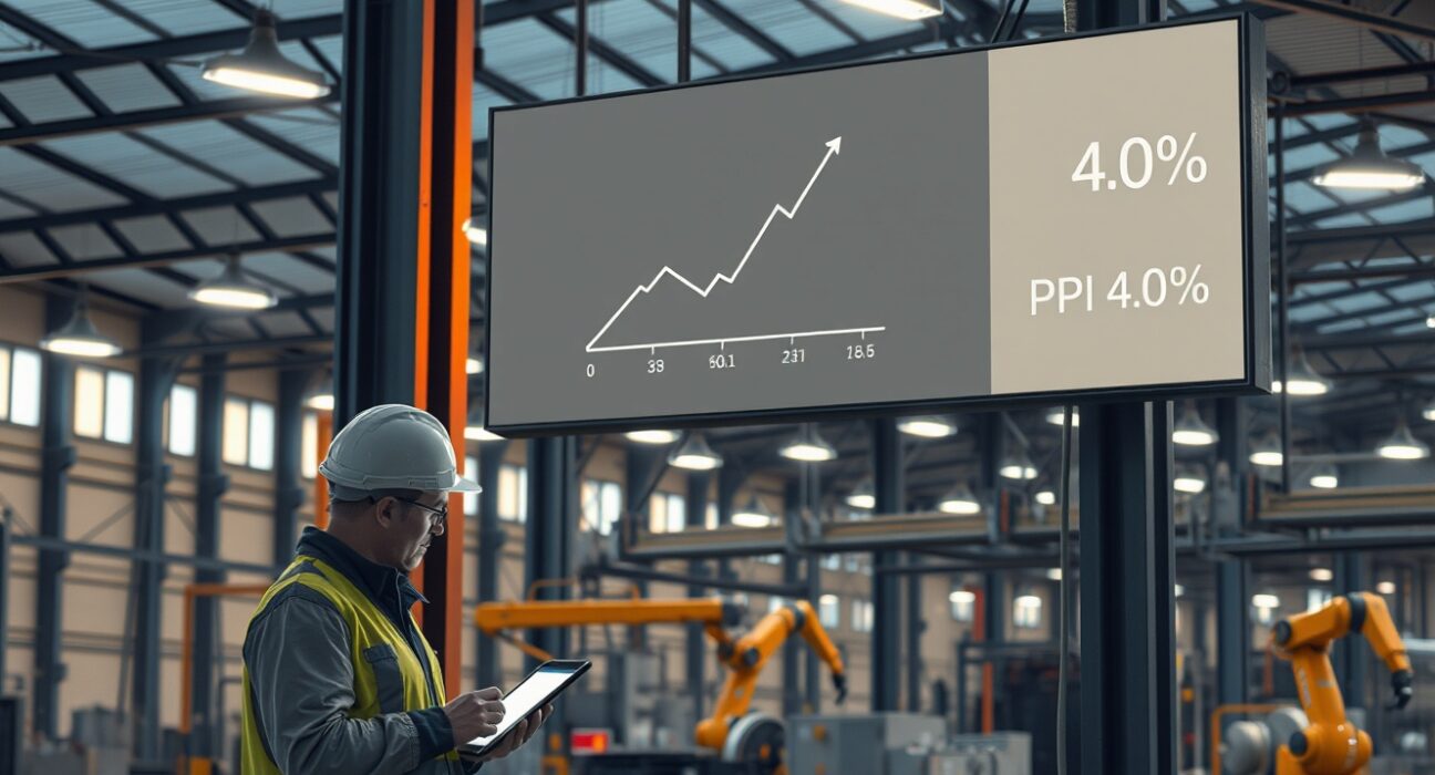 Industrial setting displaying a chart showing the US PPI inflation rate of 4% for March 2025.