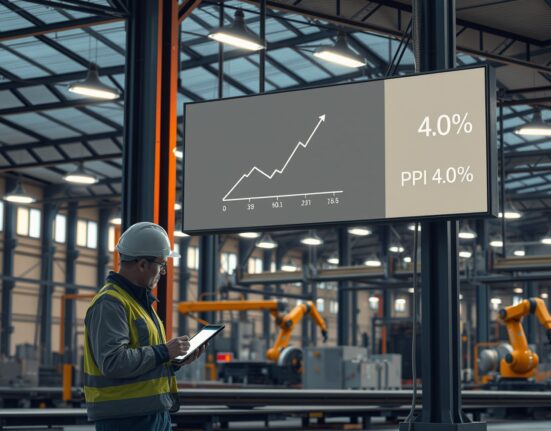 Industrial setting displaying a chart showing the US PPI inflation rate of 4% for March 2025.