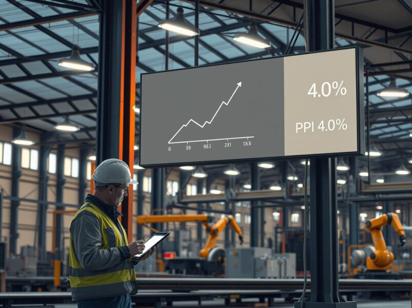 Industrial setting displaying a chart showing the US PPI inflation rate of 4% for March 2025.