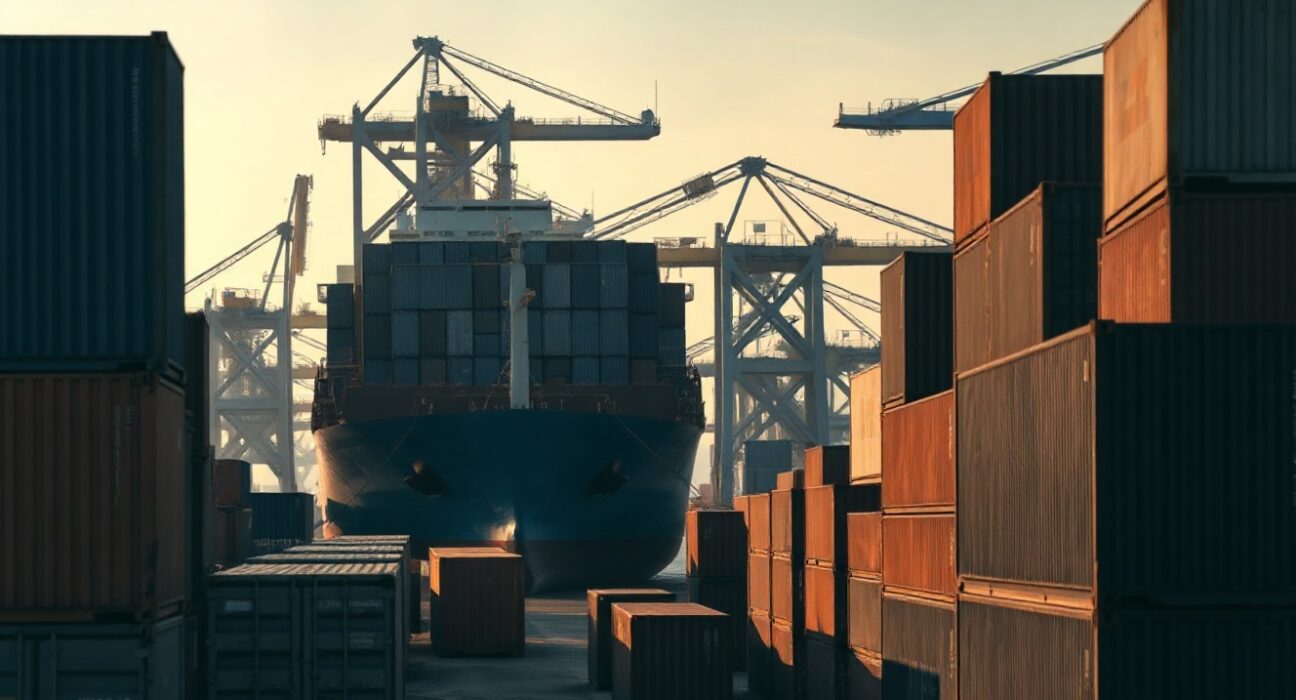 Cargo containers and a ship at a US port at dawn, representing producer price trends.