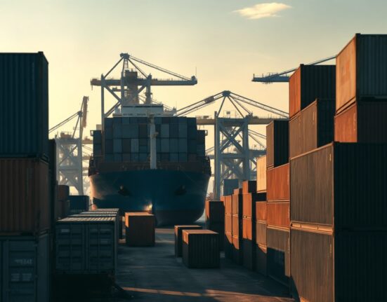 Cargo containers and a ship at a US port at dawn, representing producer price trends.