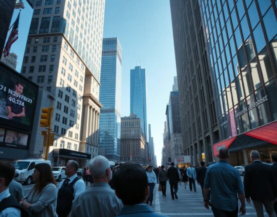 Pedestrians walking in a financial district, representing U.S. private employment trends.