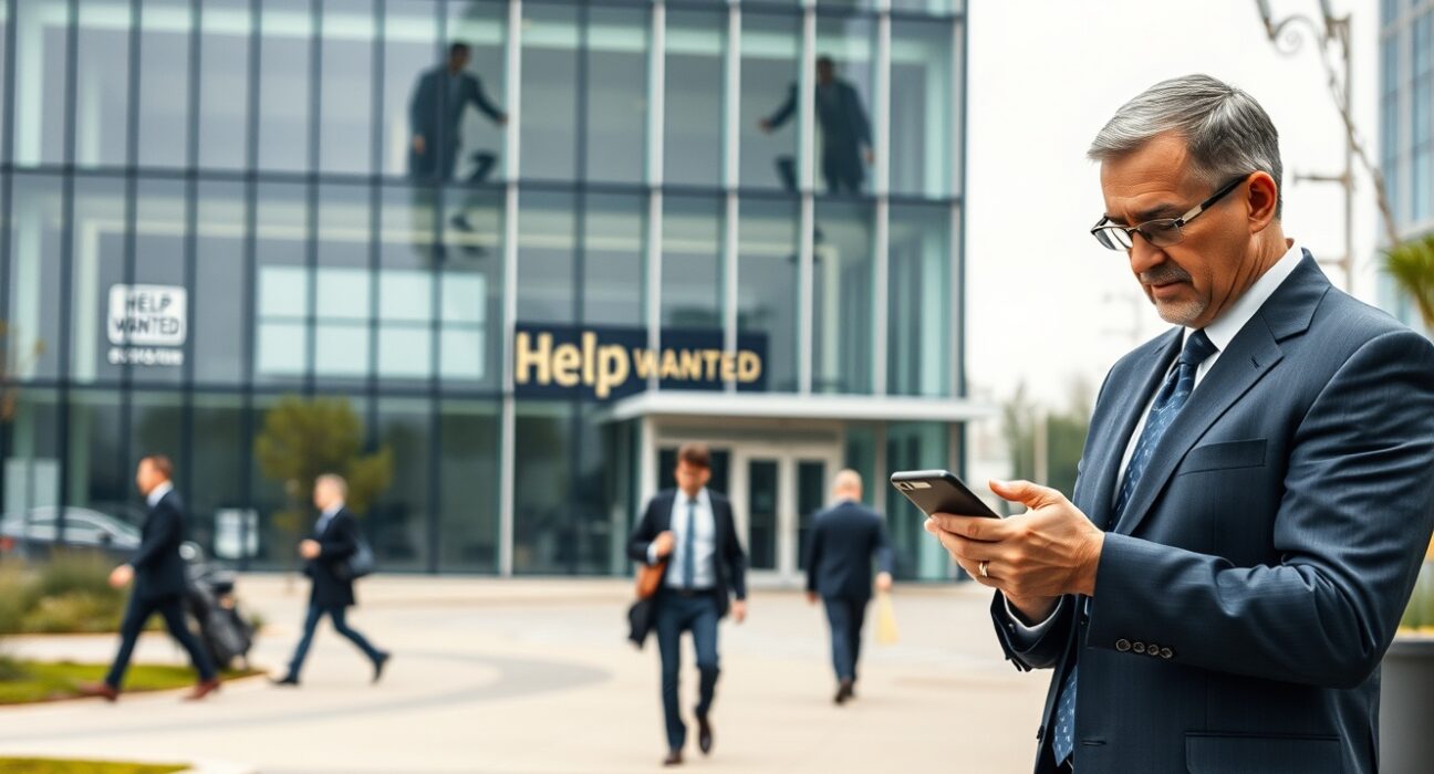 Professional checking phone outside office building with Help Wanted sign, representing US private sector job growth.