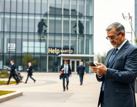 Professional checking phone outside office building with Help Wanted sign, representing US private sector job growth.