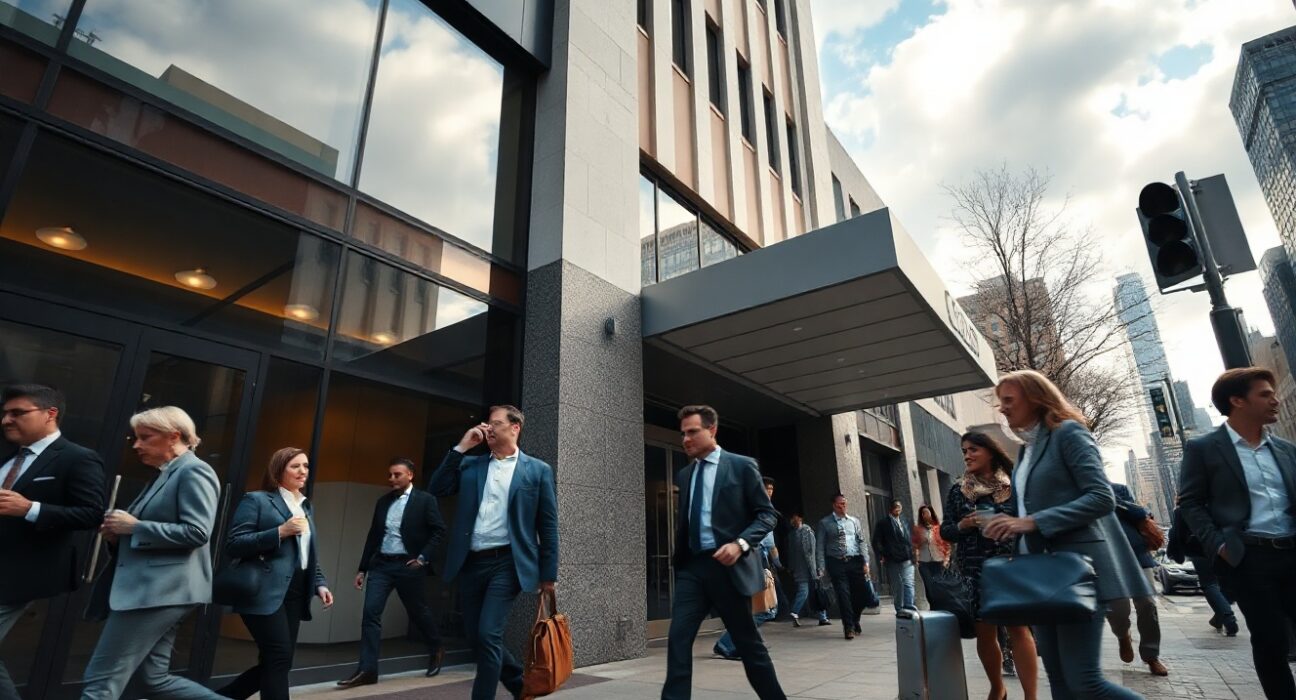 Professionals entering a corporate office building during a morning commute in a US city.