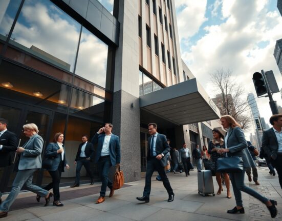 Professionals entering a corporate office building during a morning commute in a US city.