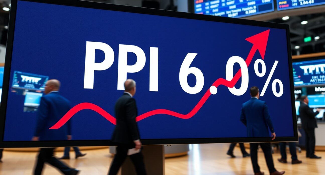 Digital display showing PPI at 6.0% on a financial trading floor with traders in background.