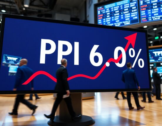 Digital display showing PPI at 6.0% on a financial trading floor with traders in background.