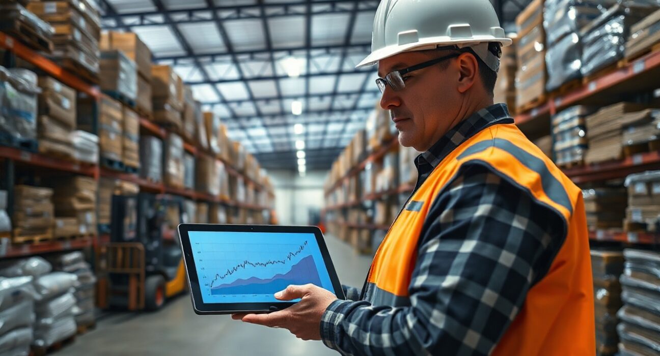 Worker in warehouse checking digital tablet showing rising chart, representing US producer price inflation