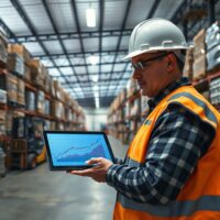 Worker in warehouse checking digital tablet showing rising chart, representing US producer price inflation