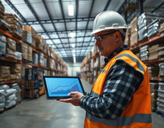 Worker in warehouse checking digital tablet showing rising chart, representing US producer price inflation