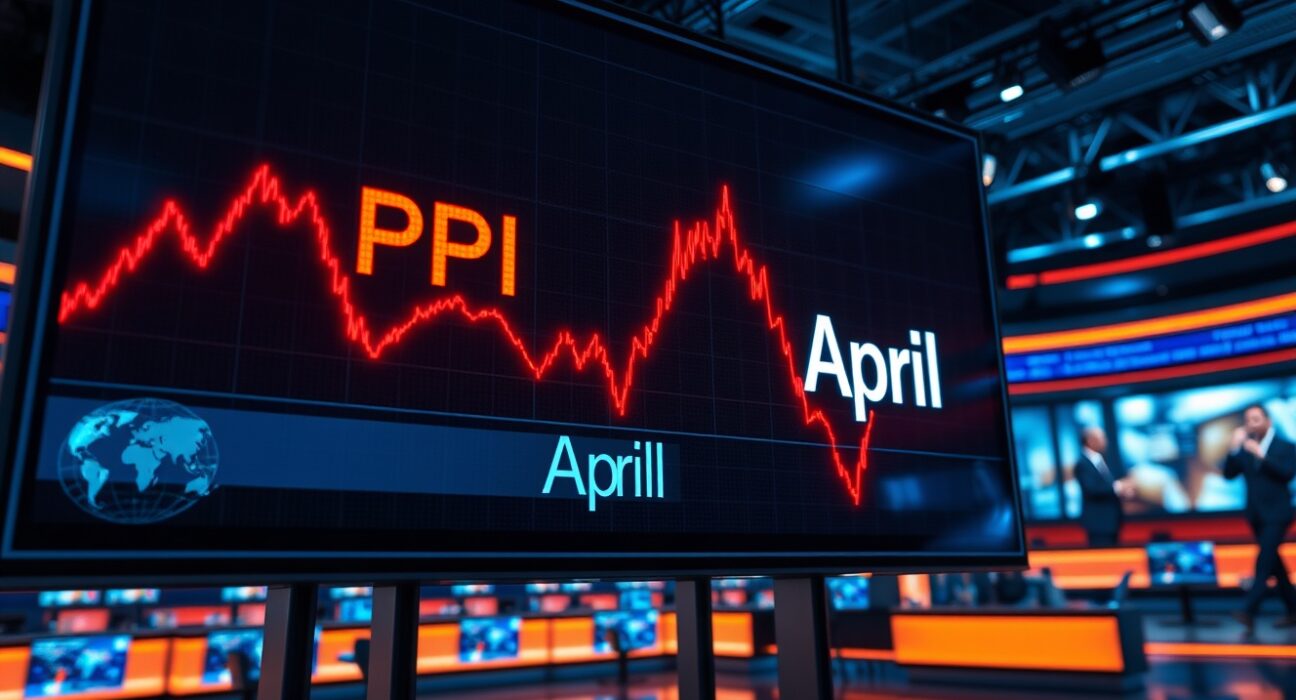 Stock market board showing rising PPI trend with news studio background