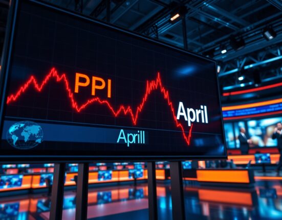 Stock market board showing rising PPI trend with news studio background