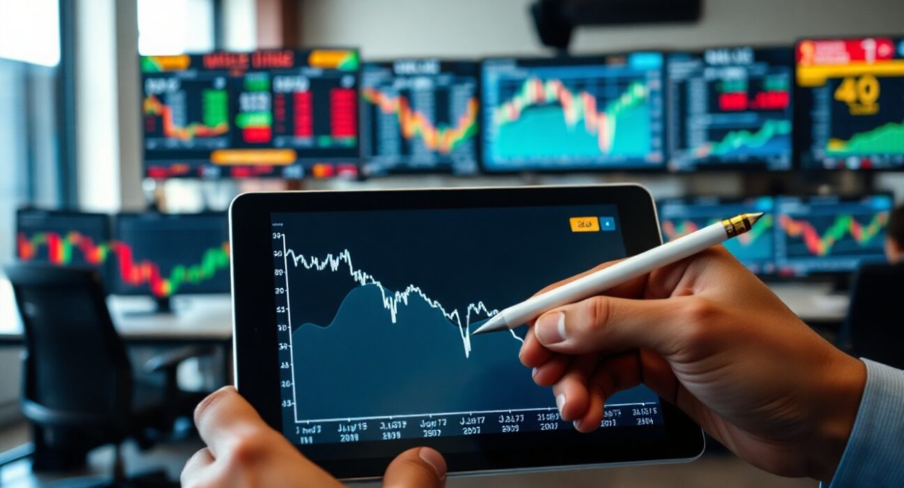 Economist analyzing US PPI data on tablet in newsroom
