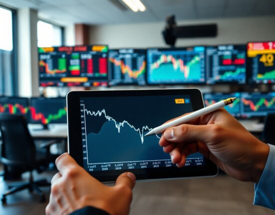 Economist analyzing US PPI data on tablet in newsroom