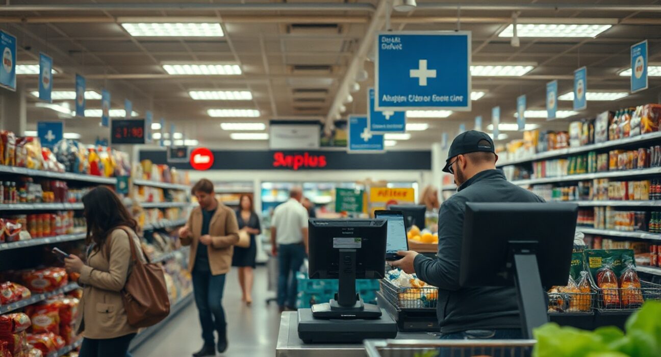 Shoppers at a retail checkout counter, illustrating US consumer spending trends referenced in the Redbook Index report.