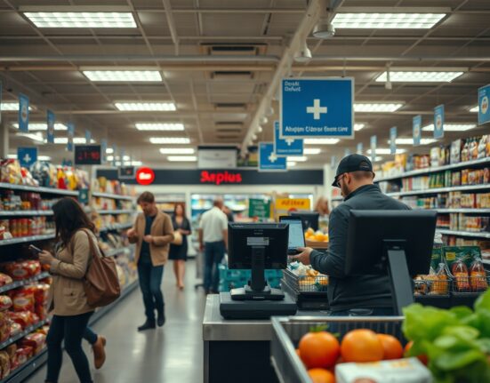 Shoppers at a retail checkout counter, illustrating US consumer spending trends referenced in the Redbook Index report.