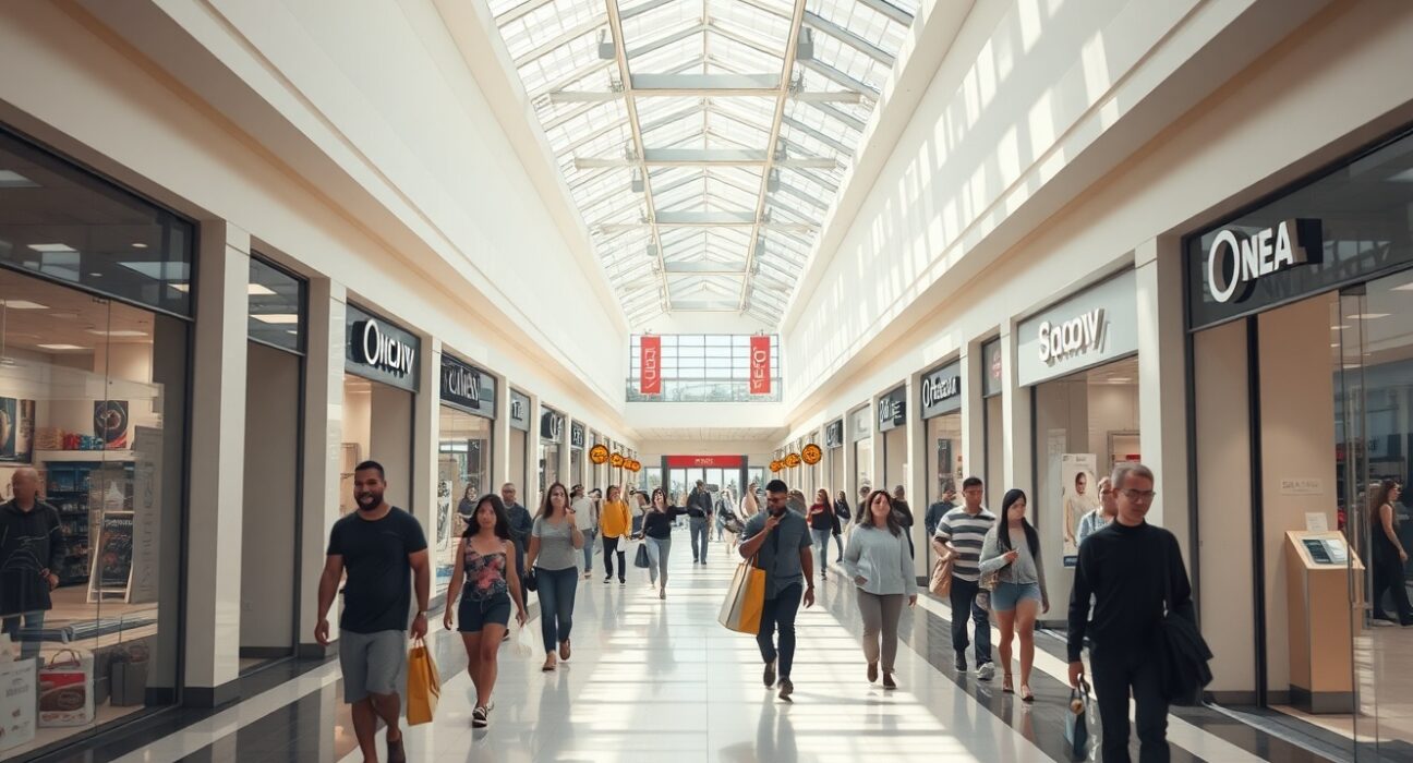 Shoppers in a well-lit American shopping mall, illustrating consumer retail activity.