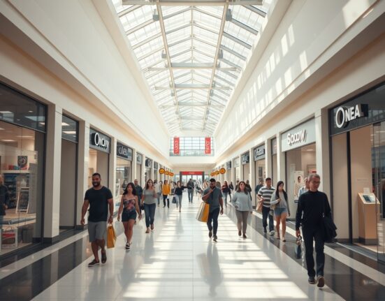 Shoppers in a well-lit American shopping mall, illustrating consumer retail activity.