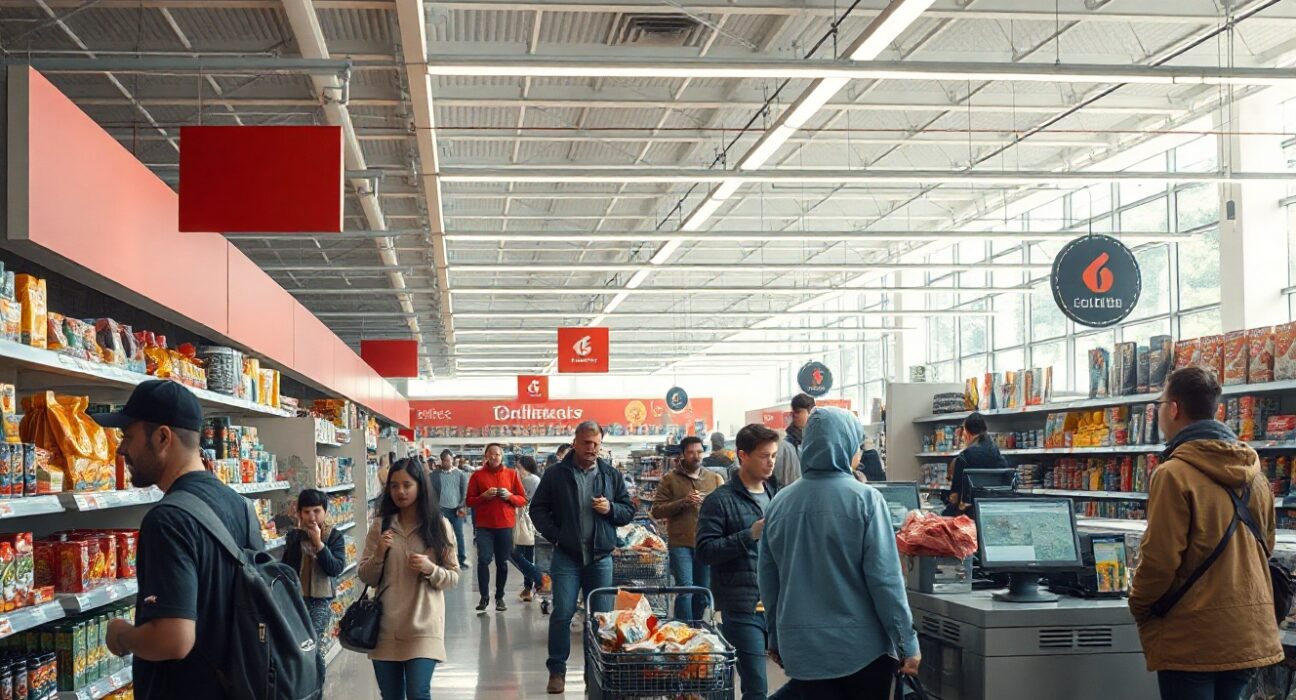 Shoppers in a brightly lit US retail store, illustrating consumer spending trends