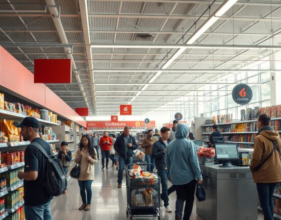 Shoppers in a brightly lit US retail store, illustrating consumer spending trends