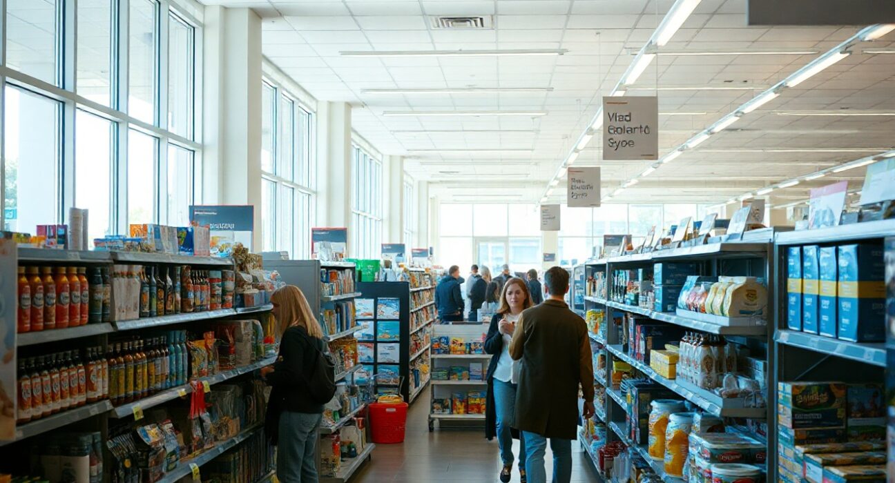 Shoppers browsing shelves in a brightly lit retail store, reflecting consumer activity.