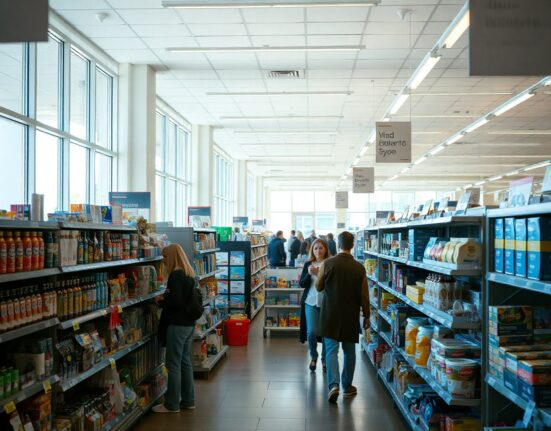 Shoppers browsing shelves in a brightly lit retail store, reflecting consumer activity.